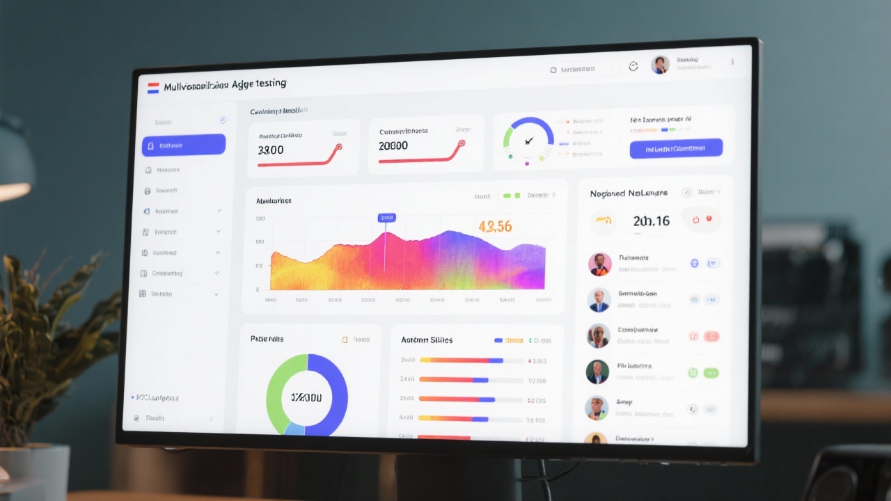 Large monitor displaying multivariate ad testing dashboard with confidence intervals, heatmaps, and audience split results for Dutch e-commerce campaigns managed by PPC Launchpad Nederland.