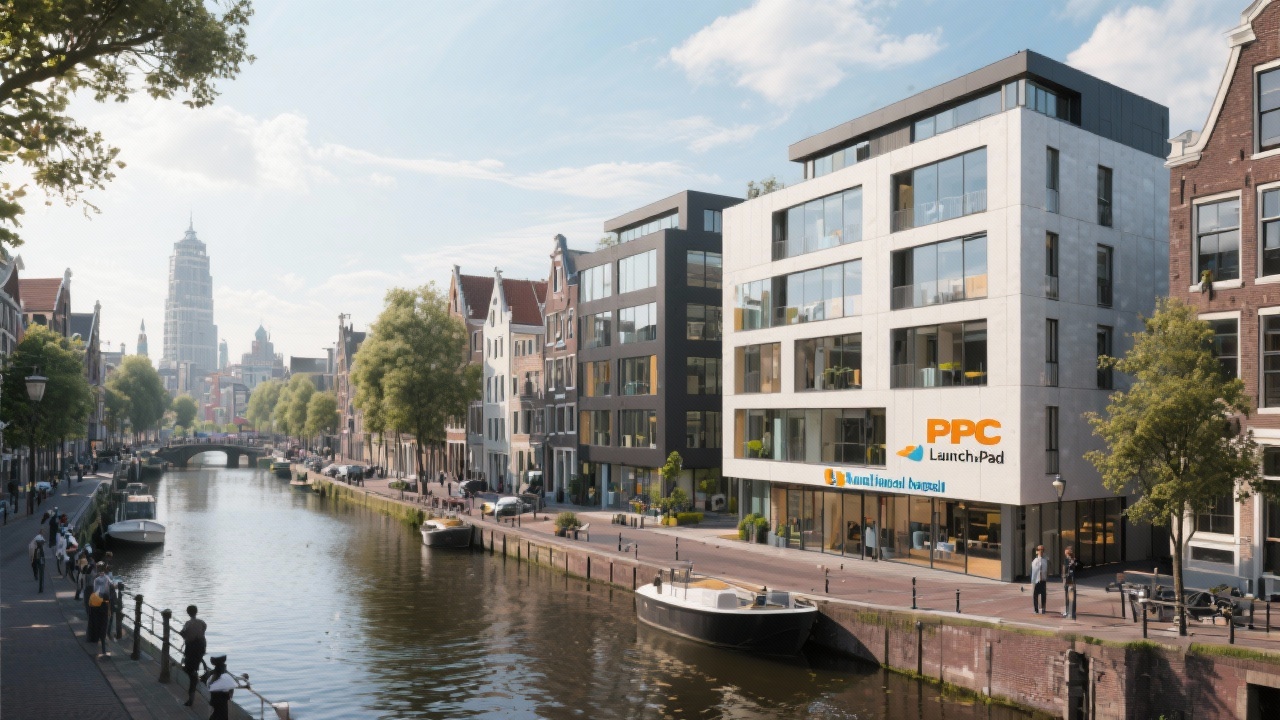 View over Amsterdam canal district with modern office spaces highlighting the local presence of PPC Launchpad Nederland near Weesperstraat.