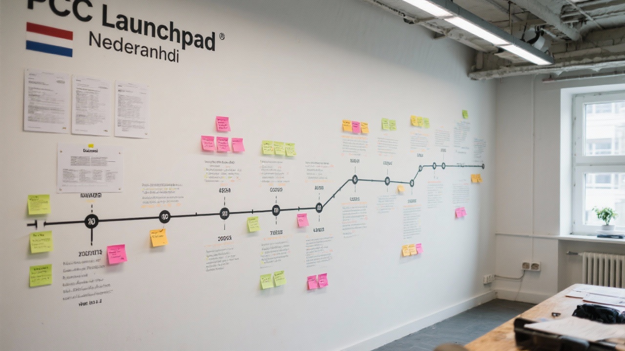 Timeline mural illustrating the founding journey of PPC Launchpad Nederland with milestone cards, sticky notes, and Dutch project documentation across a studio wall.