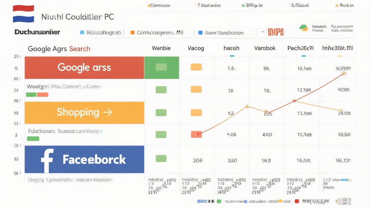 Detailed spreadsheet chart showing Dutch PPC budget allocation split across Google Ads search, shopping, and Facebook placements with monthly pacing and variance indicators highlighted.