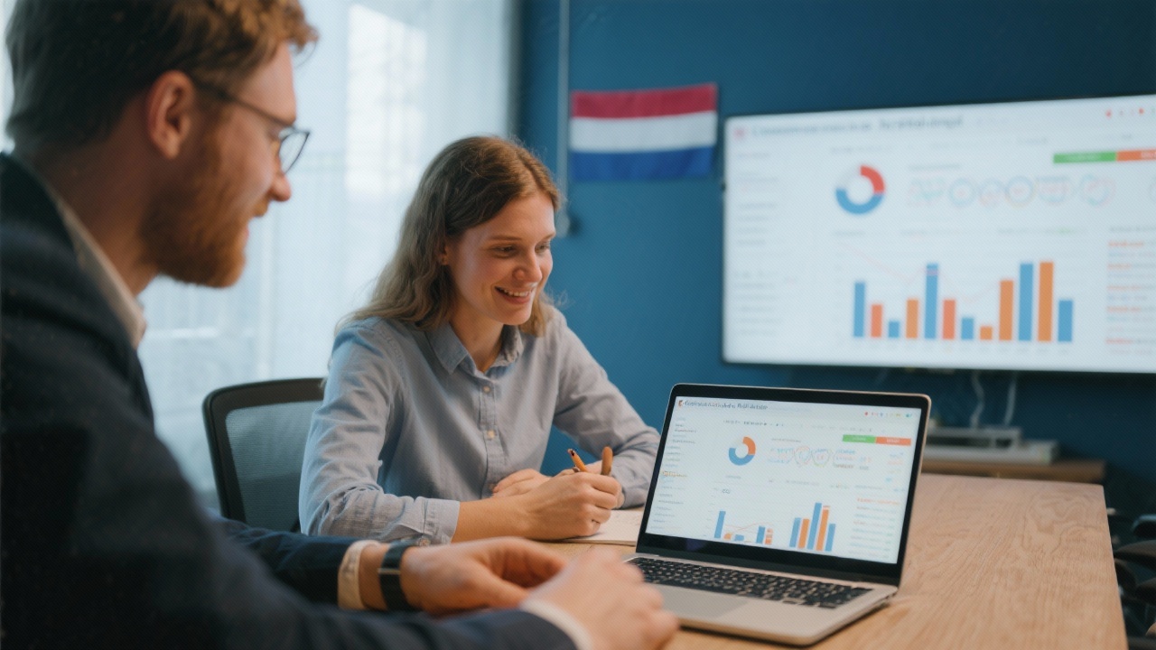 Customer success specialists collaborating over a laptop with Dutch PPC campaign reports during a support session at PPC Launchpad Nederland.