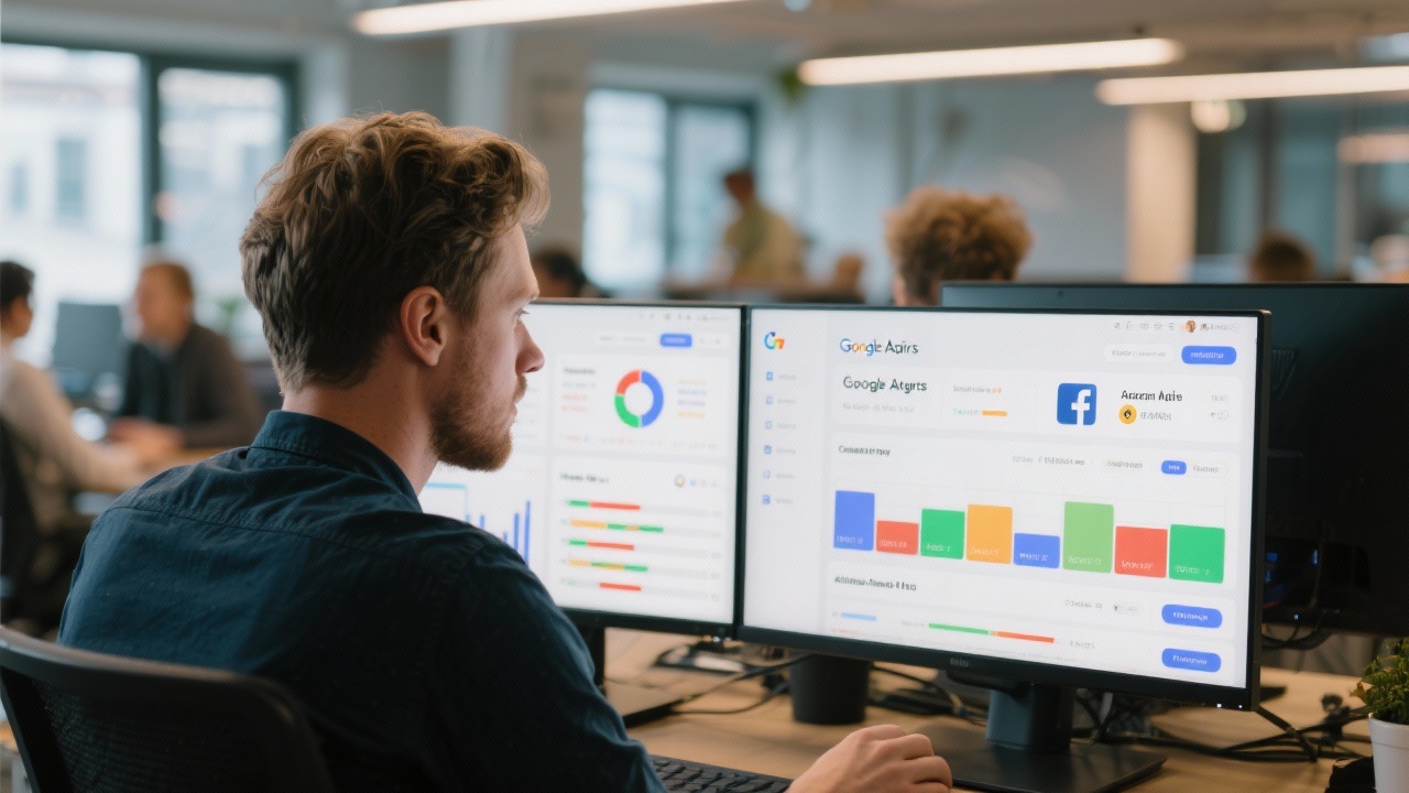 Dutch marketing specialist analysing Google Ads and Facebook Ads dashboards with segmented conversion metrics on dual monitors in a collaborative Amsterdam workspace focused on actionable insights.
