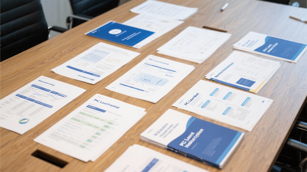 Collection of service blueprints for PPC Launchpad Nederland showing audit reports, implementation plans, and knowledge transfer guides laid out on a meeting table.