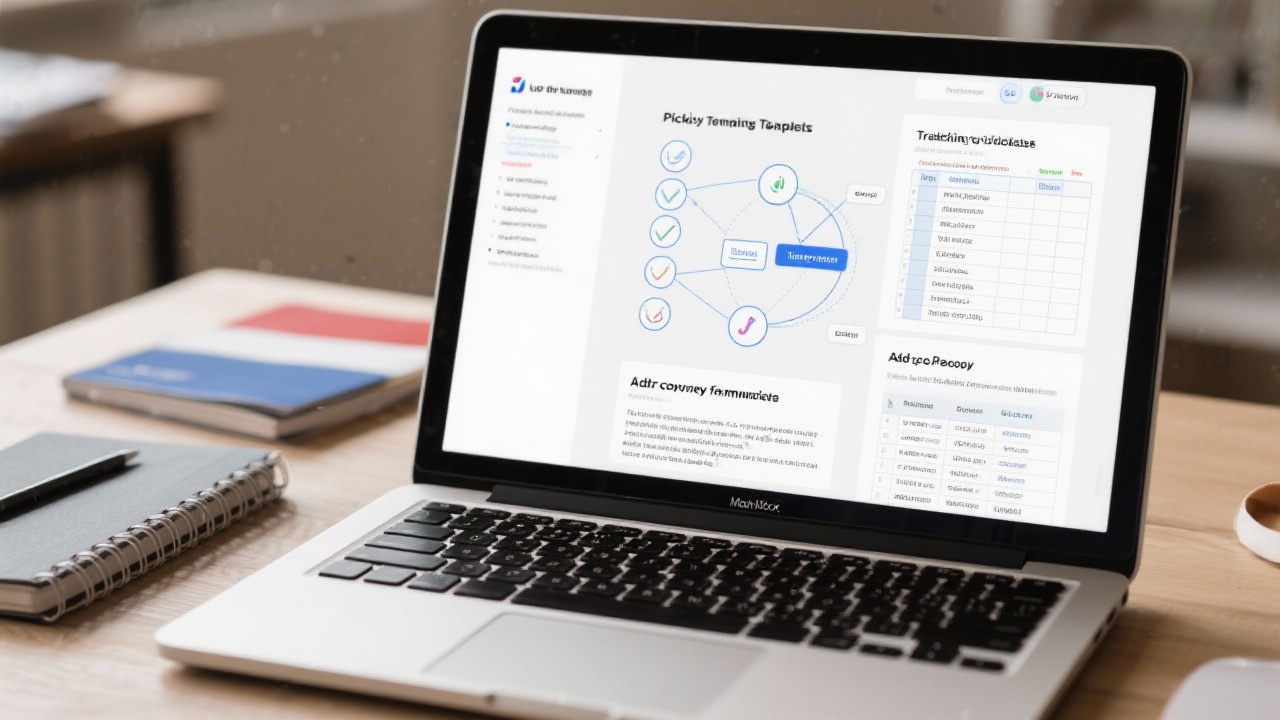 Macbook displaying interconnected PPC templates including tracking checklist, budget pacing sheet, and ad copy framework while notebooks and Dutch reference guides lie on the desk.